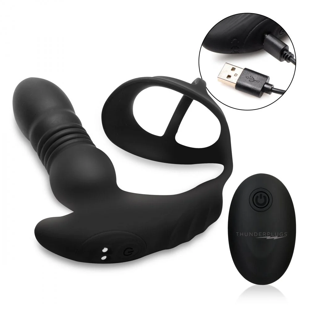 ThunderPlugs 10X Thrusting Silicone Vibrator w/ Cock & Ball Strap & Remote - Image 5